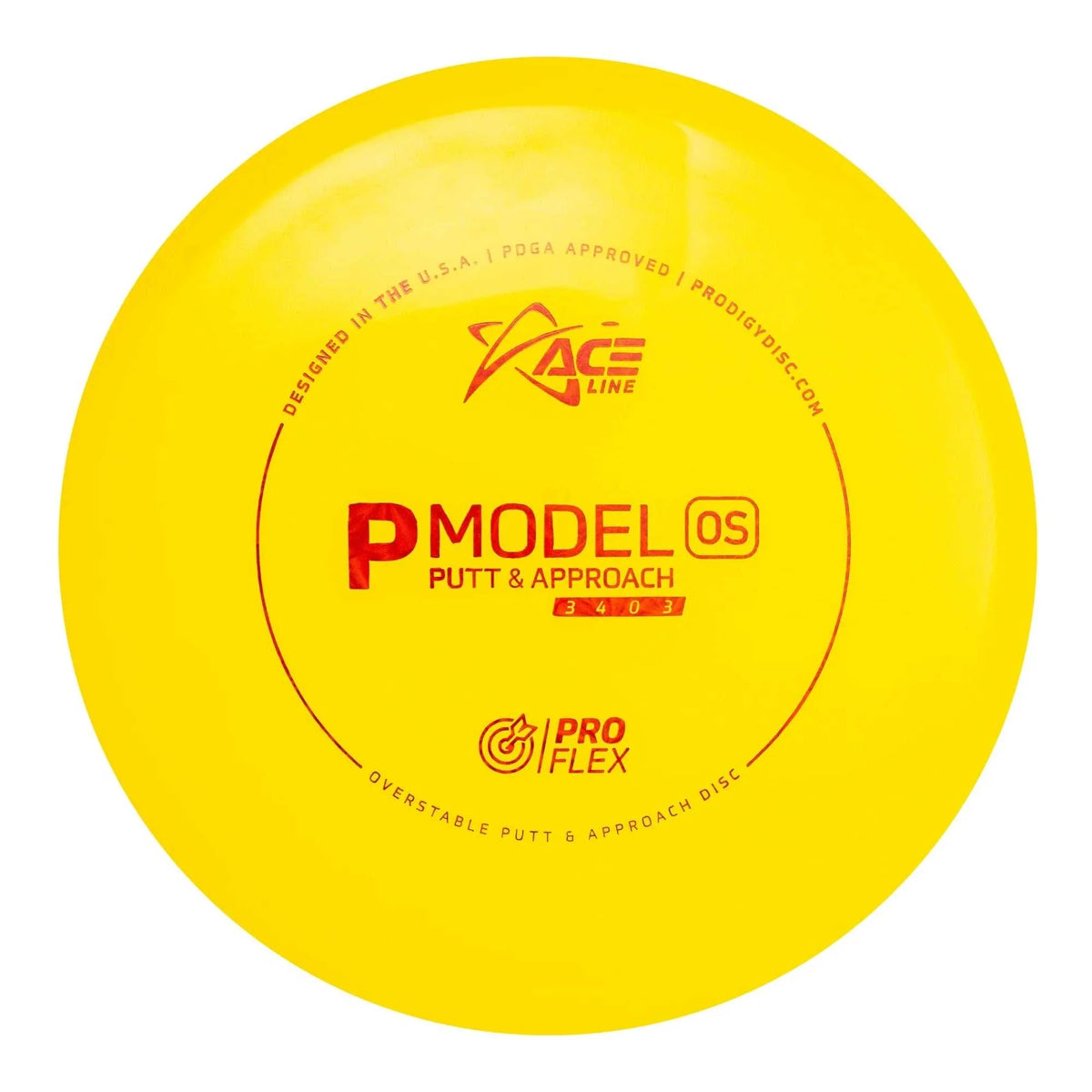 ACE Line P Model OS ProFlex plastic disc in bright yellow with red printed branding and flight ratings
