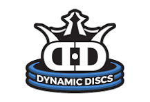 Dynamic Discs logo featuring a stylized black and white disc character above blue and black oval lettering