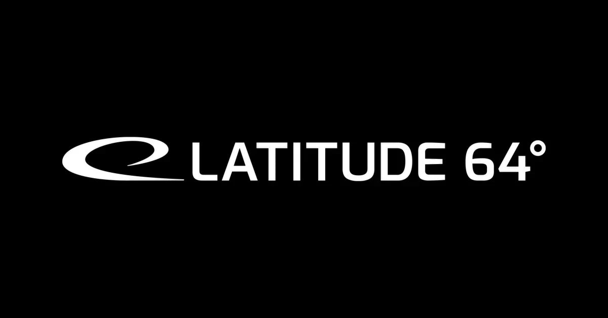 Latitude 64 logo featuring a bold white stylized swoosh and uppercase lettering with degree symbol