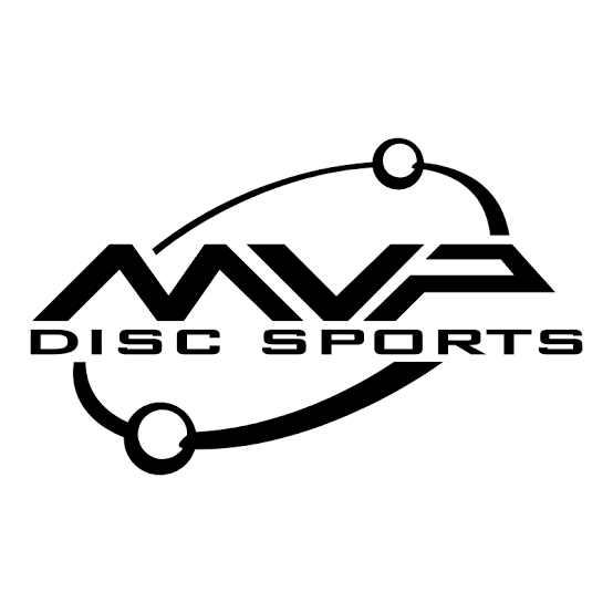 MVP black disc sports logo featuring bold geometric lettering and sweeping orbital lines with circular accents