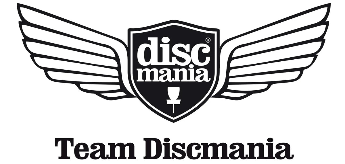 Discmania black and white winged shield logo with disc golf basket emblem and Team Discmania text