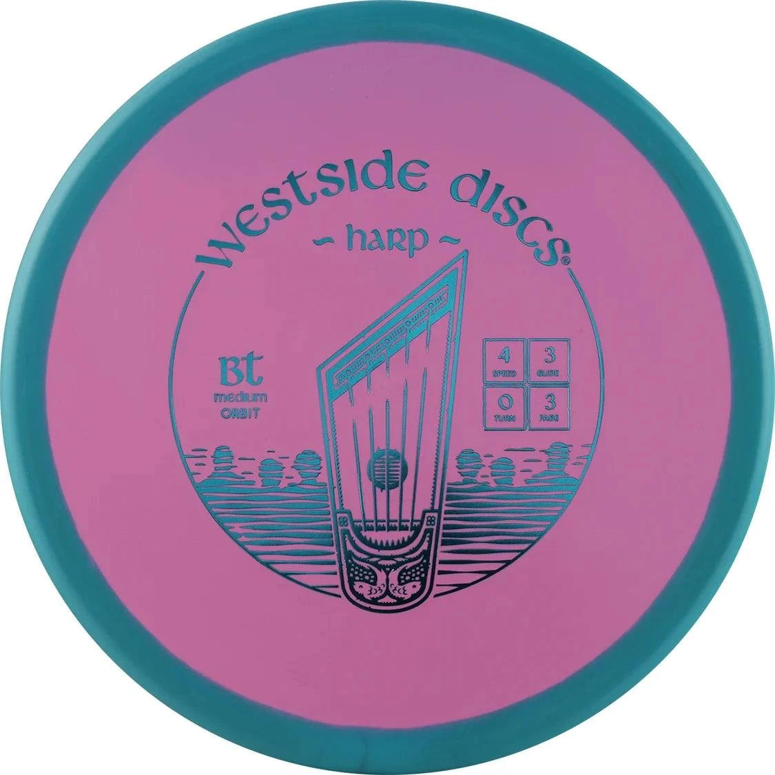 BT Medium Orbit Harp disc with a pink flight plate, teal rim, and harp graphic in contrasting teal print
