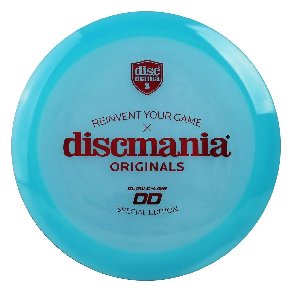 Glow C-Line DD turquoise translucent disc golf distance driver with red Discmania Originals branding and rim
