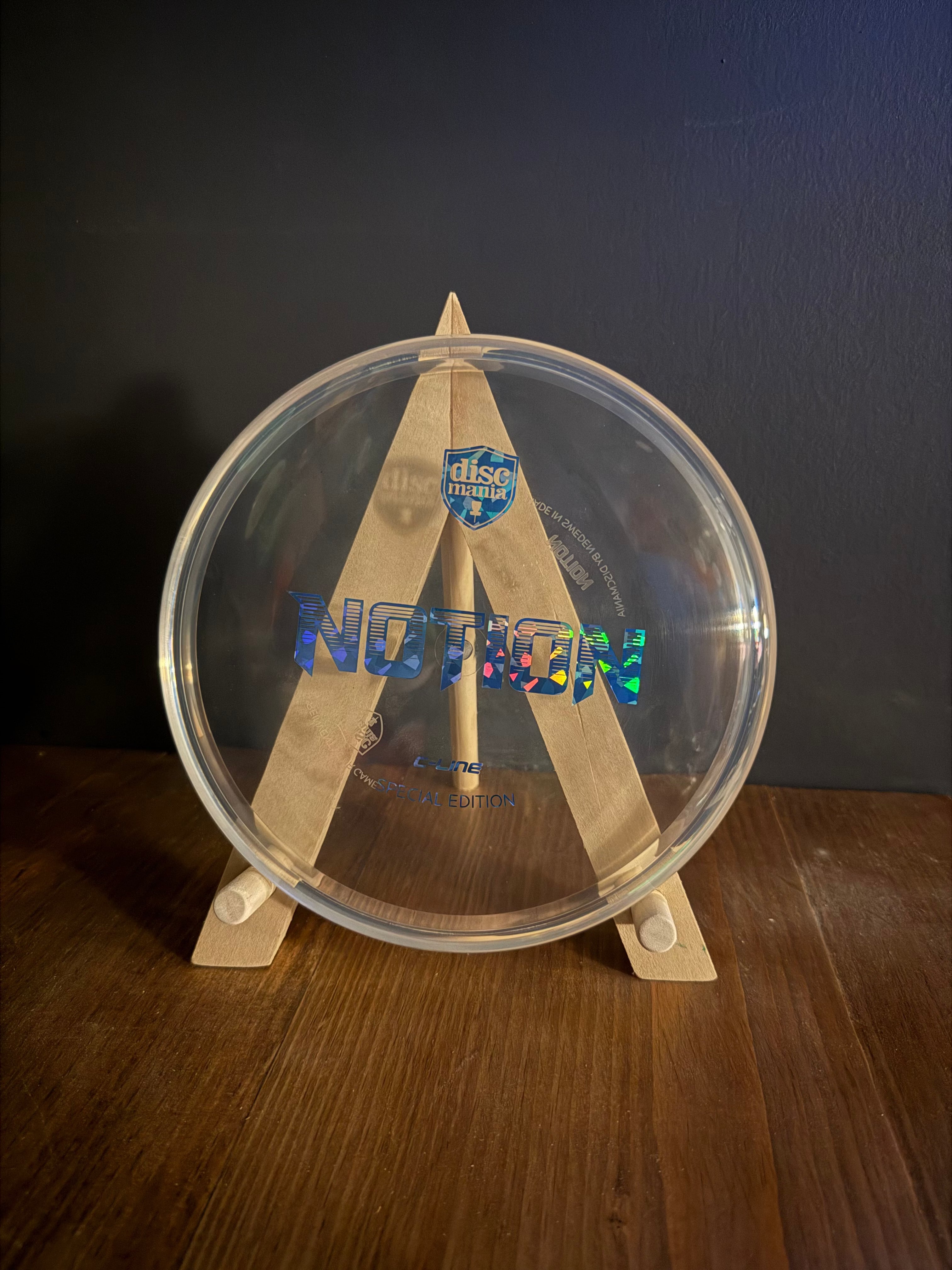 Special Edition C-Line Notion disc in translucent clear plastic with holographic blue and green stamp lettering