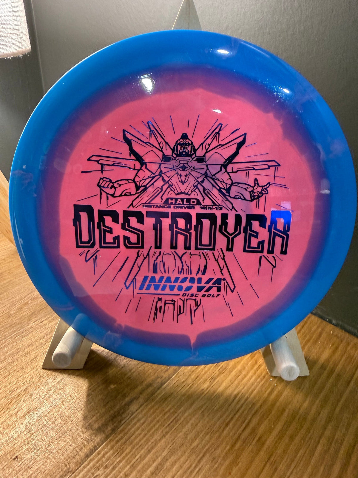 Halo Star Destroyer disc in blue and pink swirled plastic, featuring bold black sci-fi artwork and lettering
