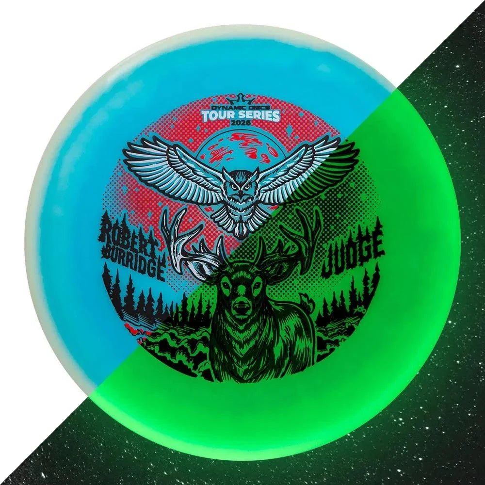Lucid-X Moonshine Orbit Judge disc in turquoise and neon green plastic, featuring a detailed triple-stamp wildlife graphic