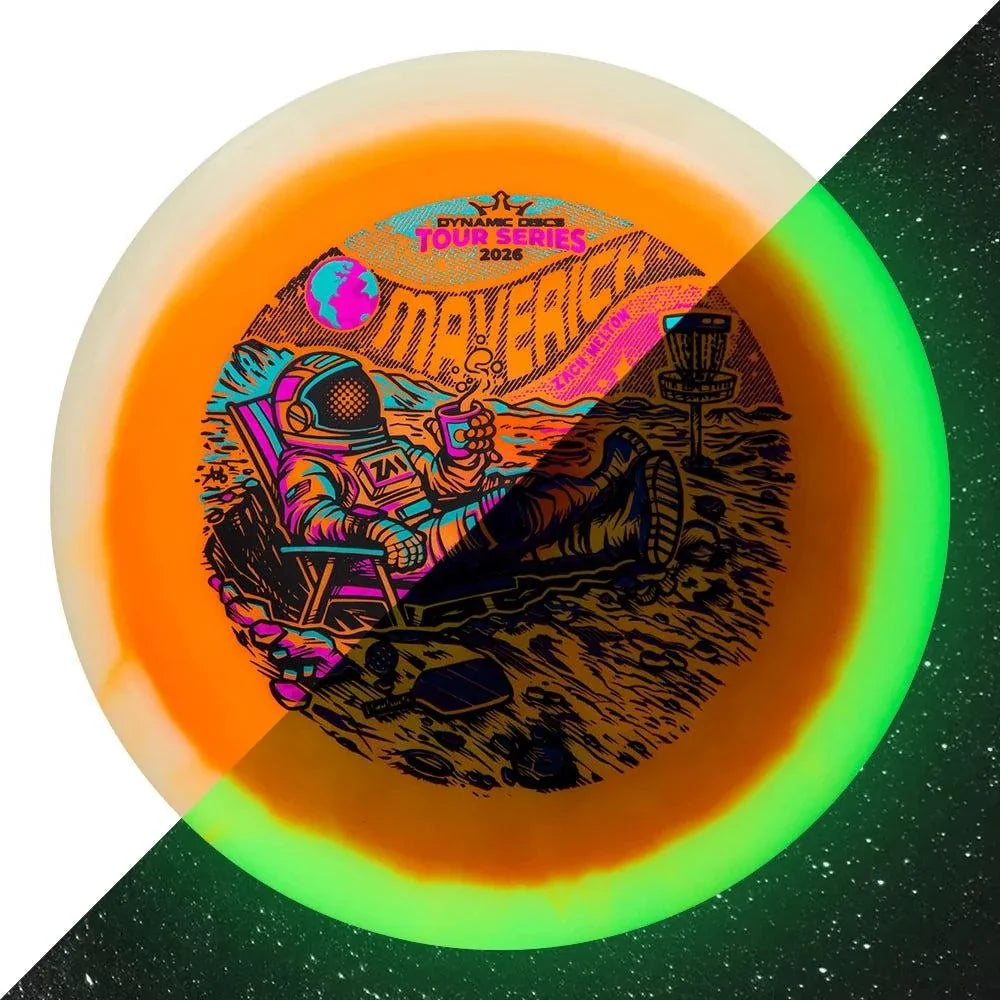 Lucid-X Moonshine Orbit Maverick fairway driver in orange plastic with glowing green rim and astronaut artwork