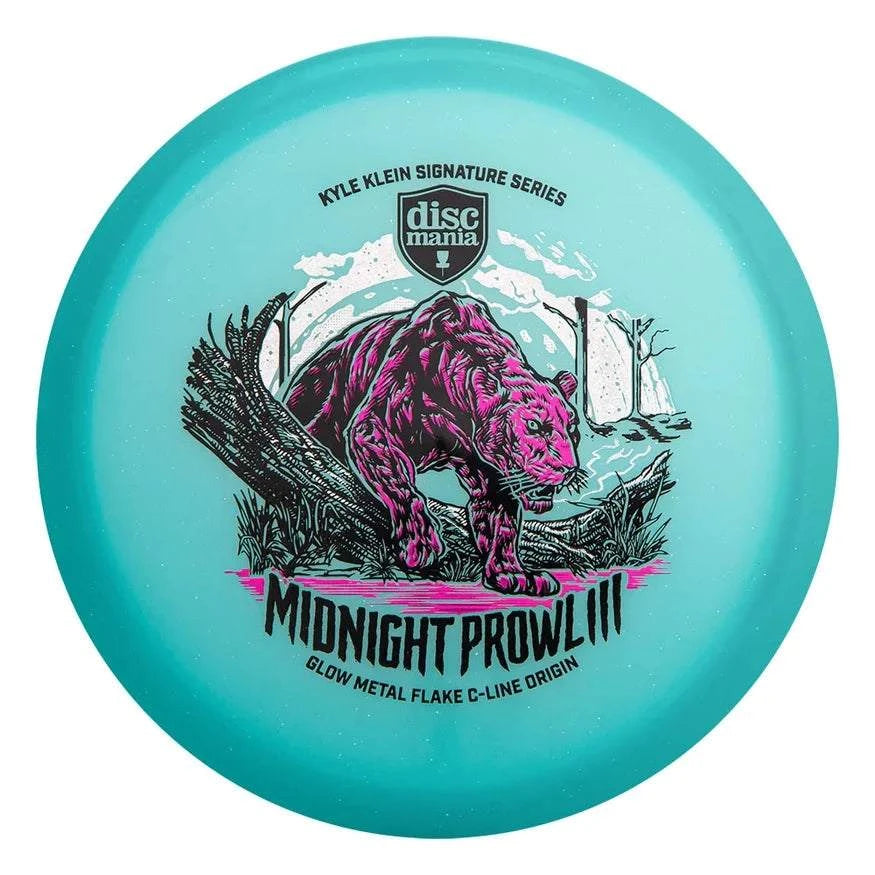 Midnight Prowl 3 turquoise glow metal flake disc with vivid pink prowling panther graphic and black lettering