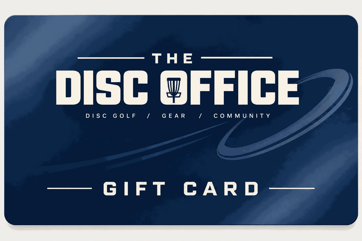 Disc Office Gift Card with navy blue design, cream lettering, and a stylized flying disc graphic 
